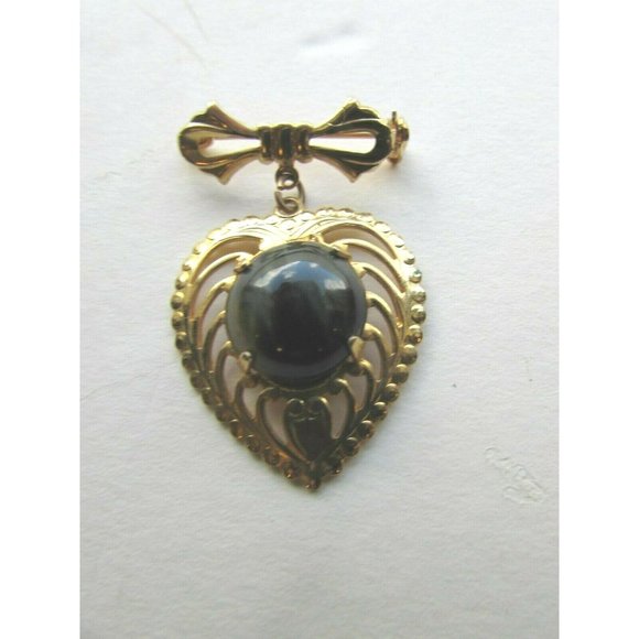 Vintage Gold Tone Heart Brooch Pin Cabochon Black Goldtone 52962 - Picture 2 of 5